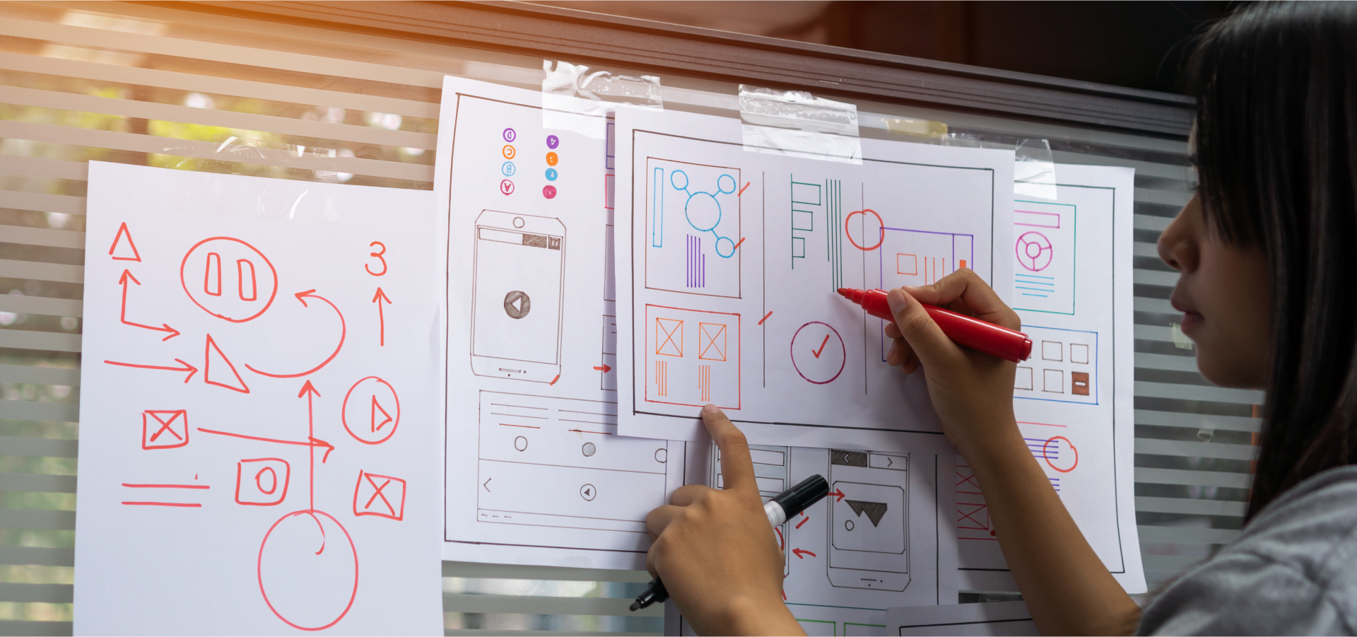 Projektantka rysuje architekturę projektu na tablicy